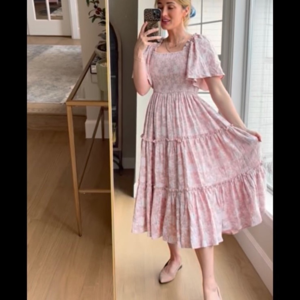 Ivy City Co Pink floral smocked tiered Dress